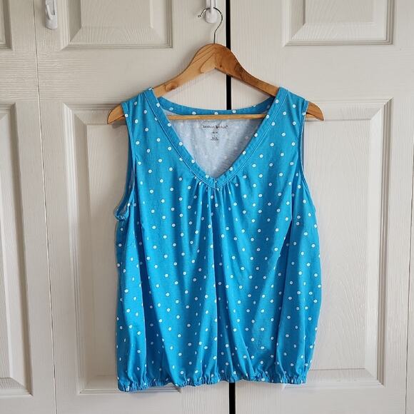 Woman Within Blue White Polka-Dot Sleeveless Top Size LG V-Neck Elastic Waist - Picture 1 of 7